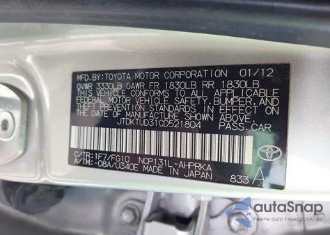 2012 Toyota Yaris Le from USA, damaged, VIN JTDKTUD31CD521804